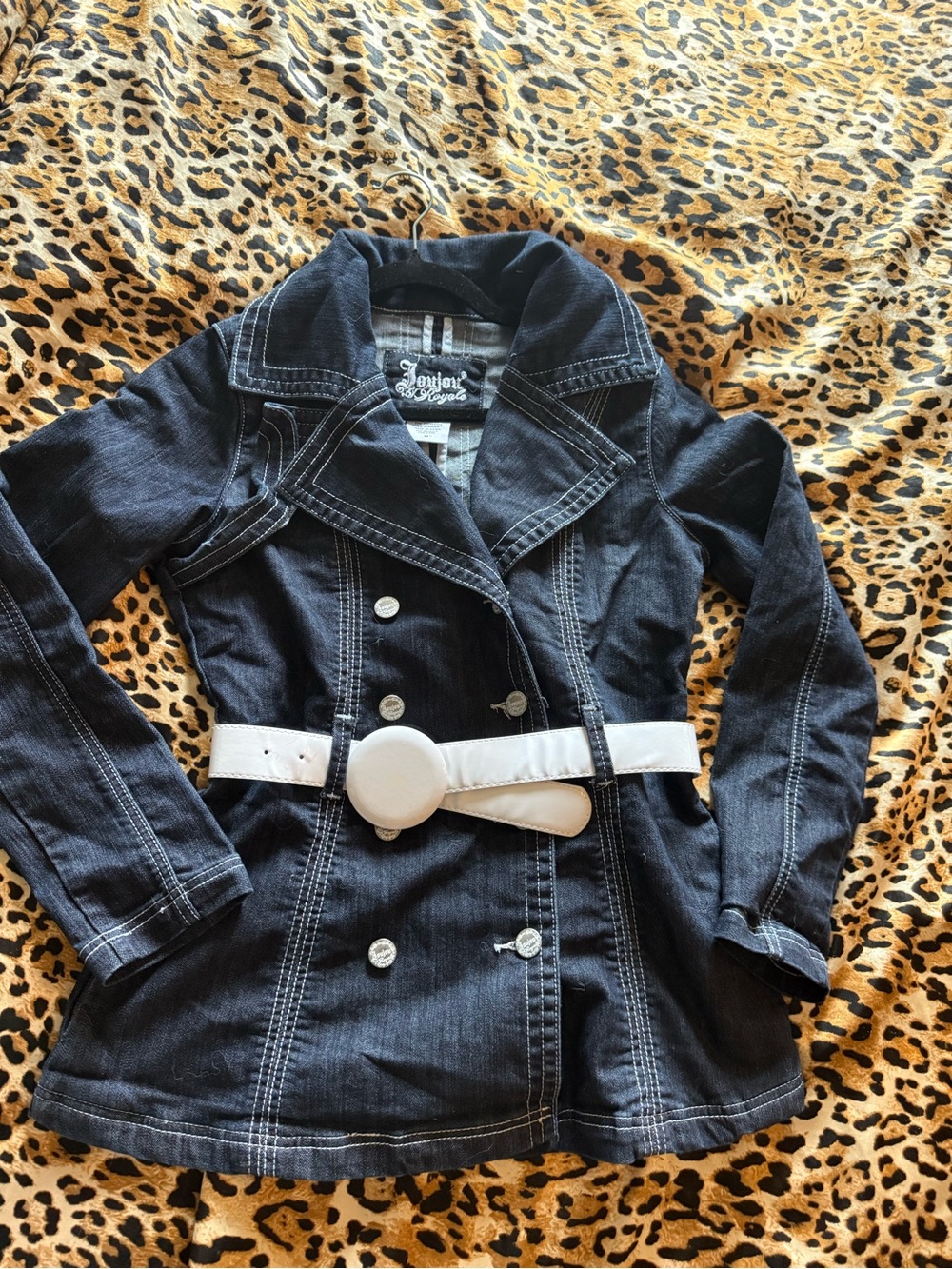 JouJou Royale Dark Denim Double-Breasted Jacket with White Belt